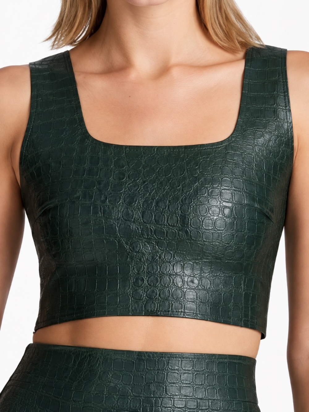 Commando Green Croc Faux Leather Square Neck Crop Top Size L
